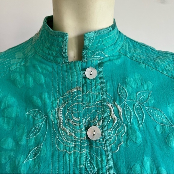 MIRASOL Women’s Embroidered Roses Jacket Mandarin Collar Shell Buttons Green S - Picture 11 of 14